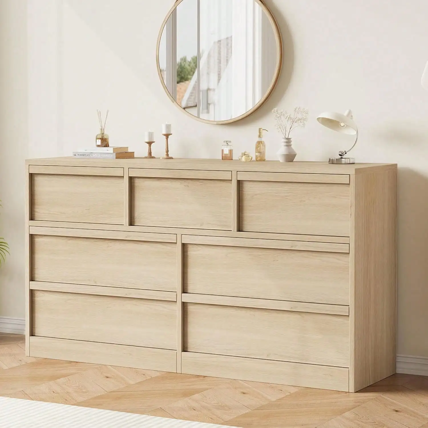 7 Drawer Dresser For Bedroom, Wooden Double Dresser Organizer With Storage Freestanding, Modern Chest Of Drawers For Bedroom, Living Room - Natural