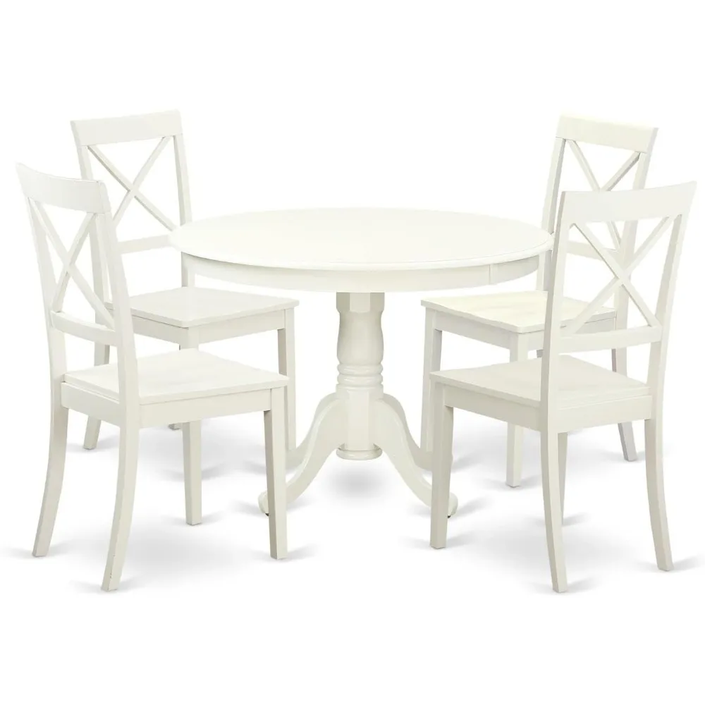 5-piece dining table and chair set consisting of a round dining table with pedestal and 4 kitchen dining chairs, linen white