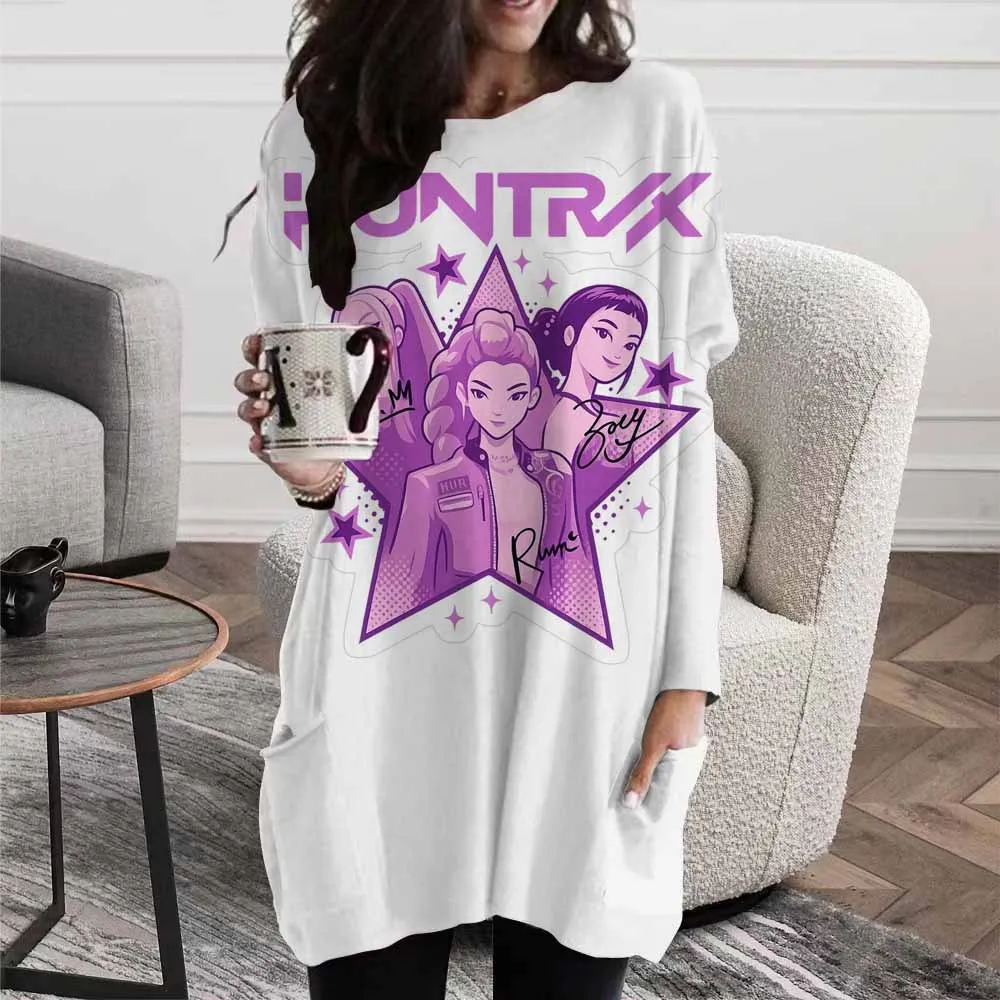 

K-Pop Devil Hunter Mira Rumi Zoey Printed T-shirt Women's Loose Long Sleeve Round Neck Top Women's Pocket T-shirt