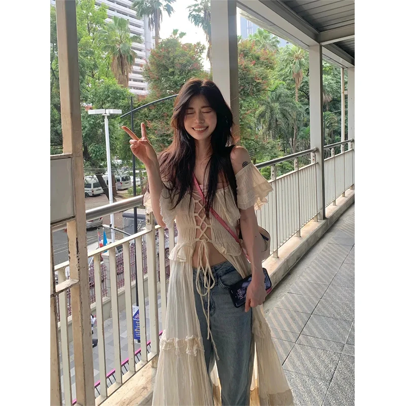 

Платье милое с оборками и косым воротником, винтажная уличная одежда на шнуровке, индивидуальное платье в Корейском стиле, туника до колена