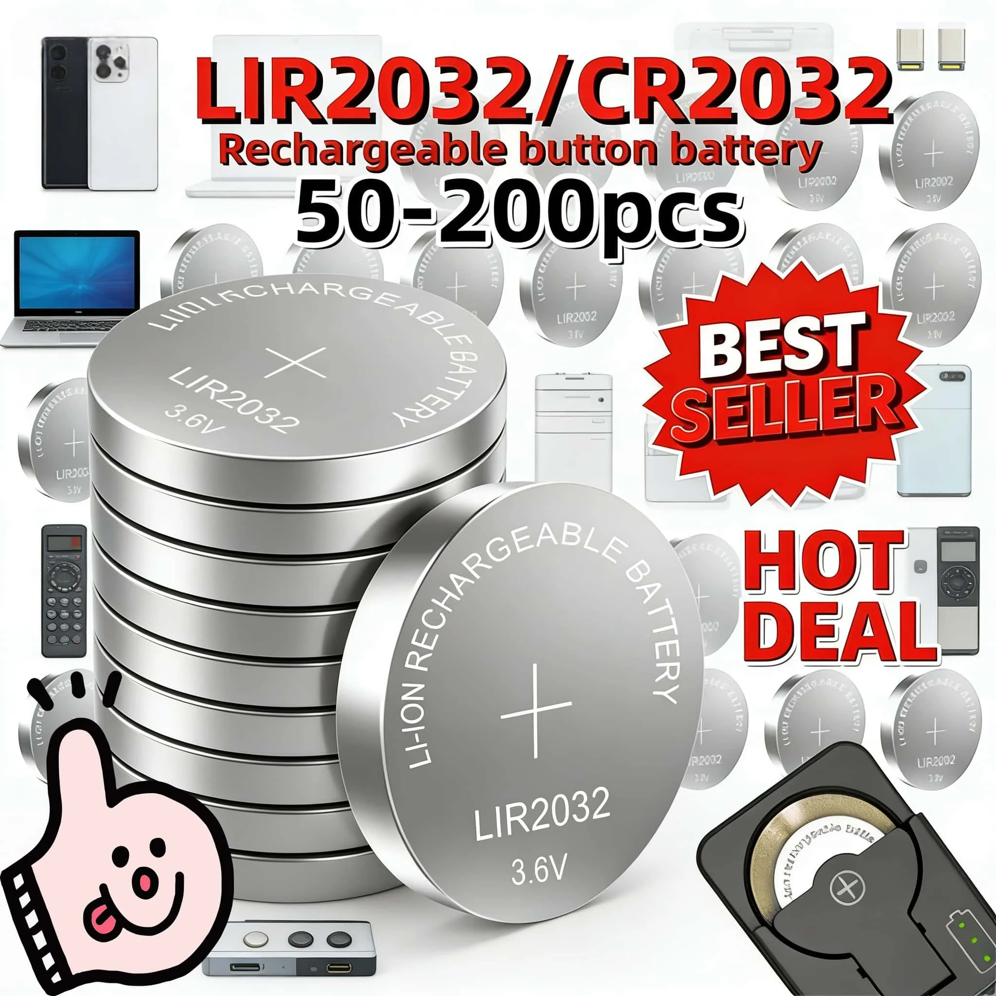 

50-200PCS LIR2032 3.6V 40mAh Rechargeable lithium Coin Battery Direct Replacement for CR2032 Button Cell for Watch,Car Key