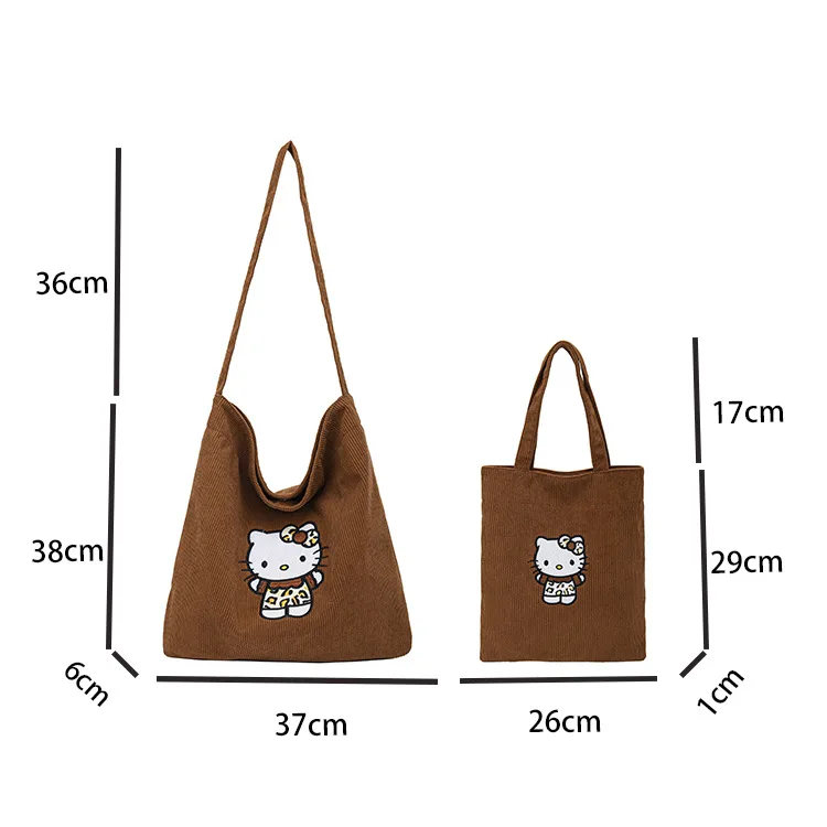 Kawaii Hello Kitty Brown Shoulder Bag Anime Cat Embroidery Girls Handbag High-Capacity Corduroy Messenger Bags Sanrio Item Gifts