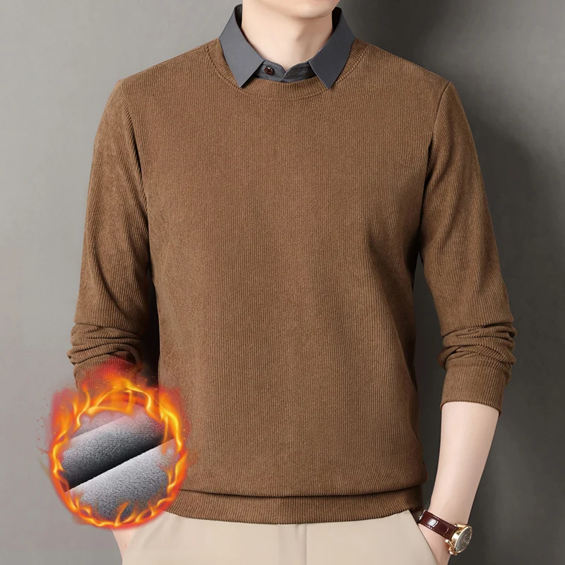 

2025 New Shirt Collar Fake Two Piece Sweater Men's Plush Thickened Winter One Piece Fleece Warm Knitted Base Sweater
