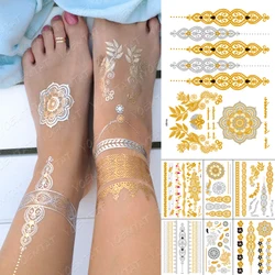 Adesivo de tatuagem temporária à prova dwaterproof água henna mandala ouro prata metálico flash tatoo boho festa flor jóias glitter arte do corpo