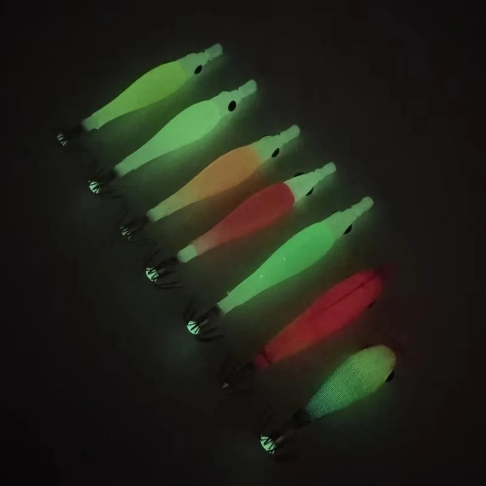Jigging Luminous Squid Jig Small Wooden Shrimp Silicone Cloth Wrapping EGI Squid Hook Sea Fishing Jigging Lure Sea Fishing