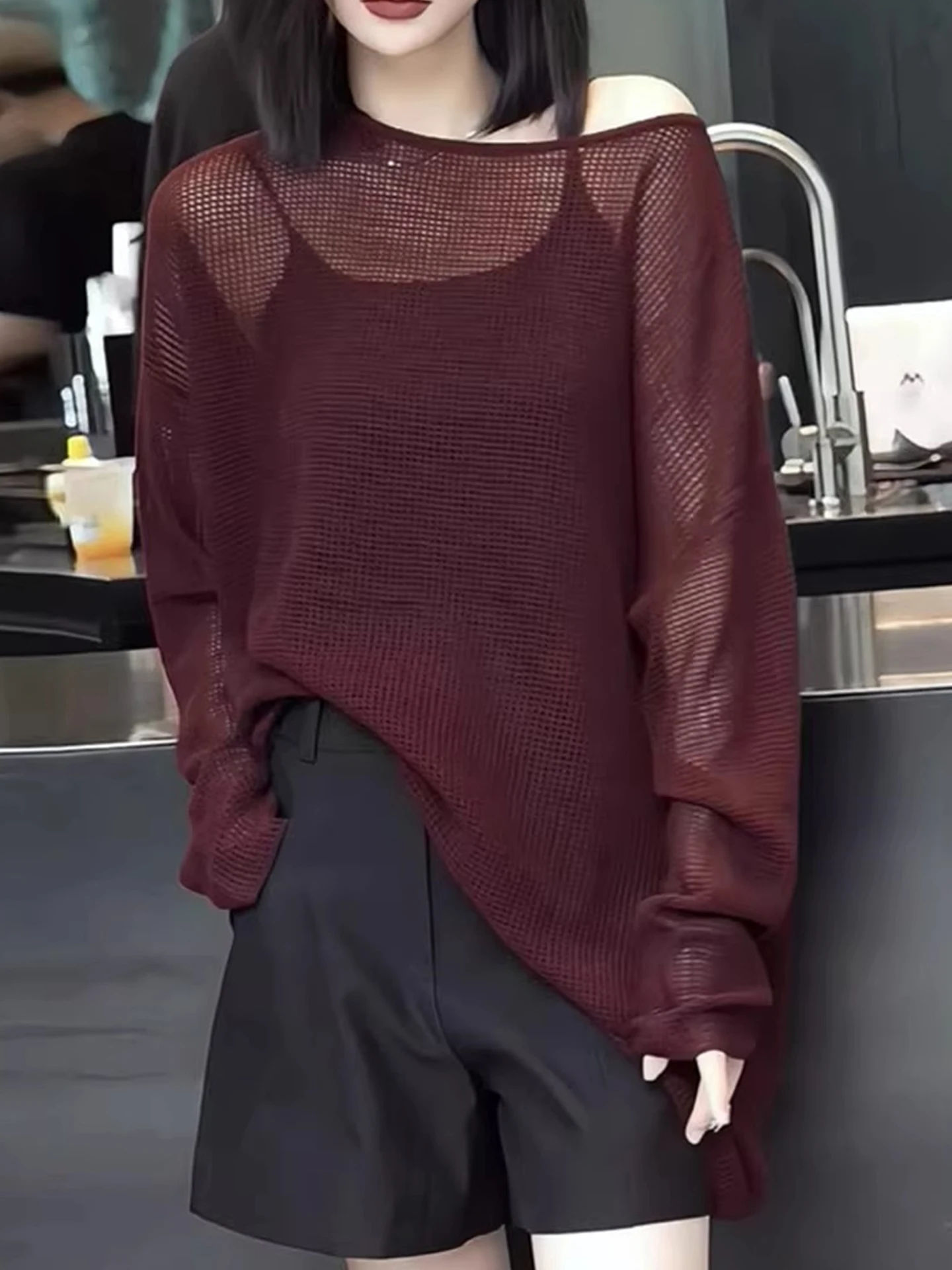 

Удобный ажурный вязаный летний топ с длинными рукавами, защита от солнца, модная женская свободная футболка для повседневной носки