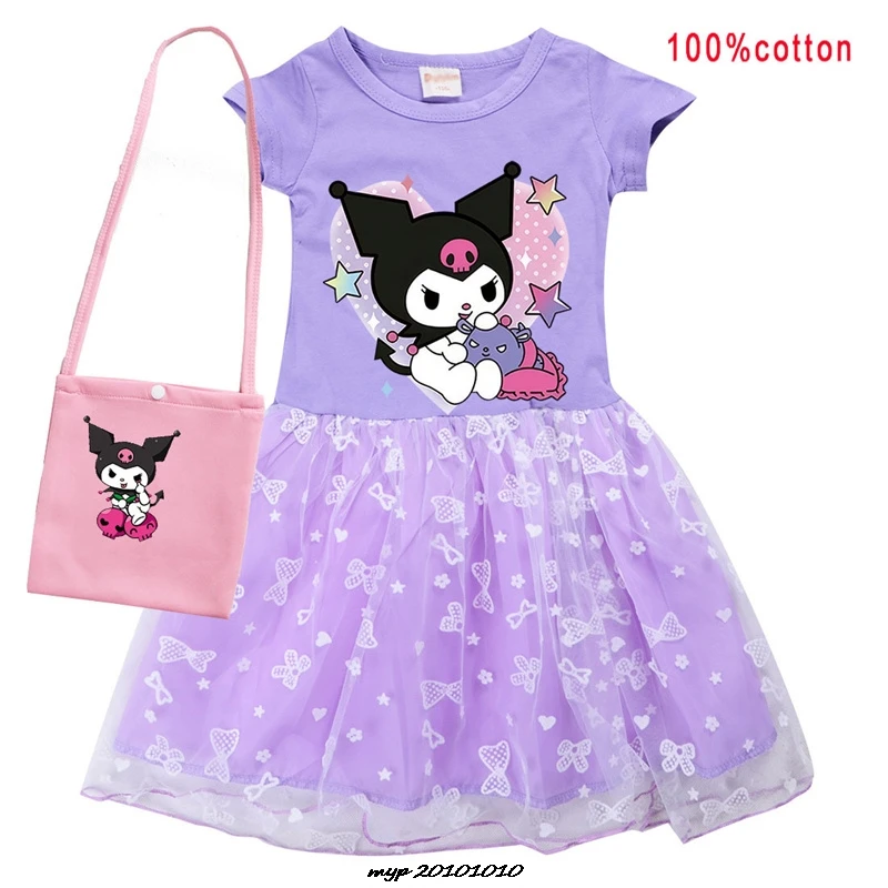 Hot Lovely Kuromi Melody Children Costume Kids Cosplay Clothes For Girls Flying Sleeves A-Line Dress With Bag