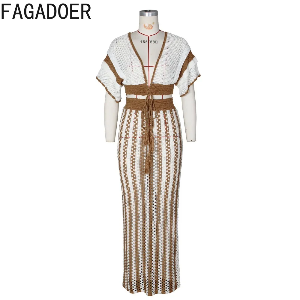 FAGADOER Fashion Streetwear Women Striped Knitting Lace Up V Neck Short Sleeve Crop Top+Skirts Two Piece Set Female 2pcs Outfits