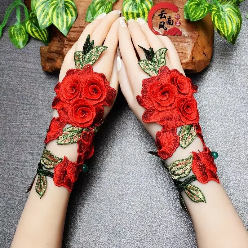 Lace Floral Fingerless Gloves Without Fingers For Women Mittens Half Finger Bridal Performance Gloves Girl Spring Summer