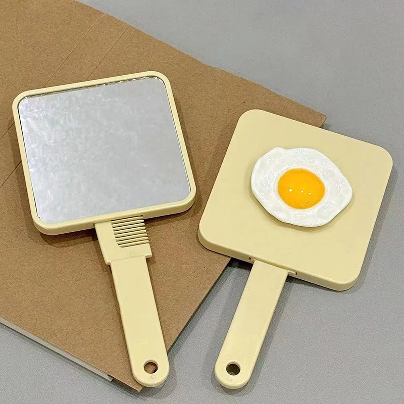 Handle Mirror Comb Portable Poached Egg Handle Mirror Yellow Quadrate Mirror Makeup Mirror With Comb For Girl Gift Makeup Tool
