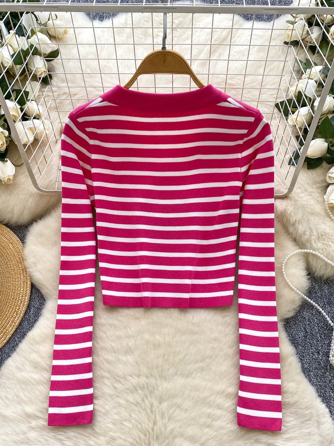 

Hong Kong Sle mat Loose Feel Striped Long Sve Knitted Sweater Women's ort Zipper Collar Casual Versatile Top Tr...