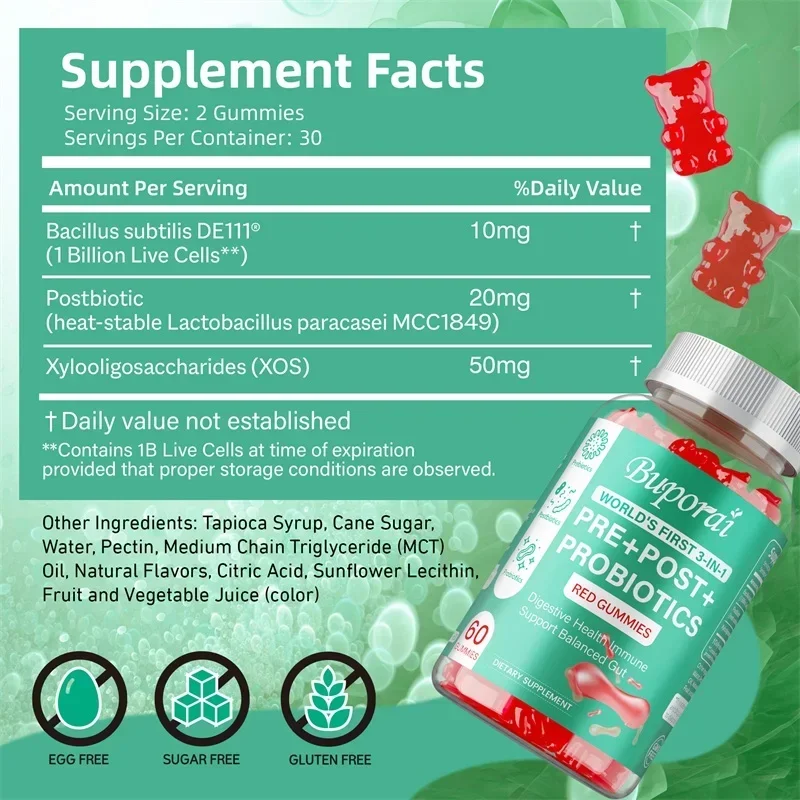Pre+Post+Probiotic Gummies - Promote Intestinal Bacteria, Reduce Bloating, Support Digestive Health, Boosts Energy, Non-GMO