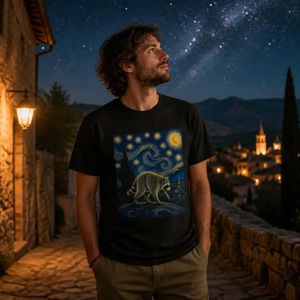 Jimothy Raccoon Starry Night Van Gogh T Shirts Casual Tees Short Sleeve Round Collar T-Shirt Pure Cotton Tops