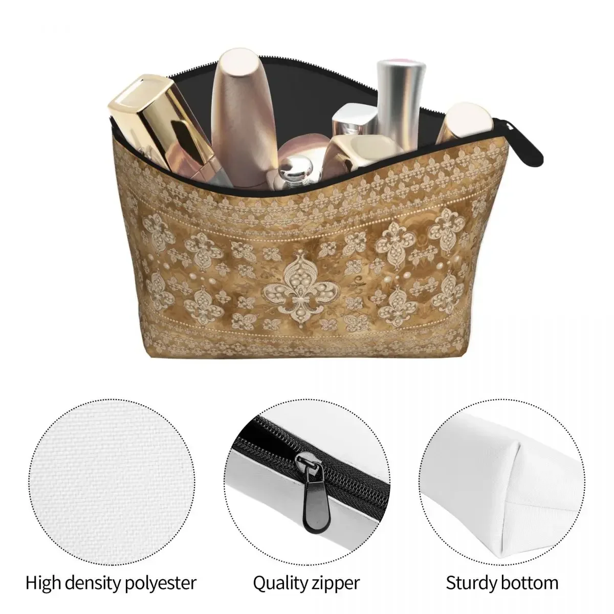 Fleur-de-lis Luxury Pearl And Gold Women Cosmetic Bag Travel Makeup Organizer Pouch Toiletry Storage Dopp Kit Case