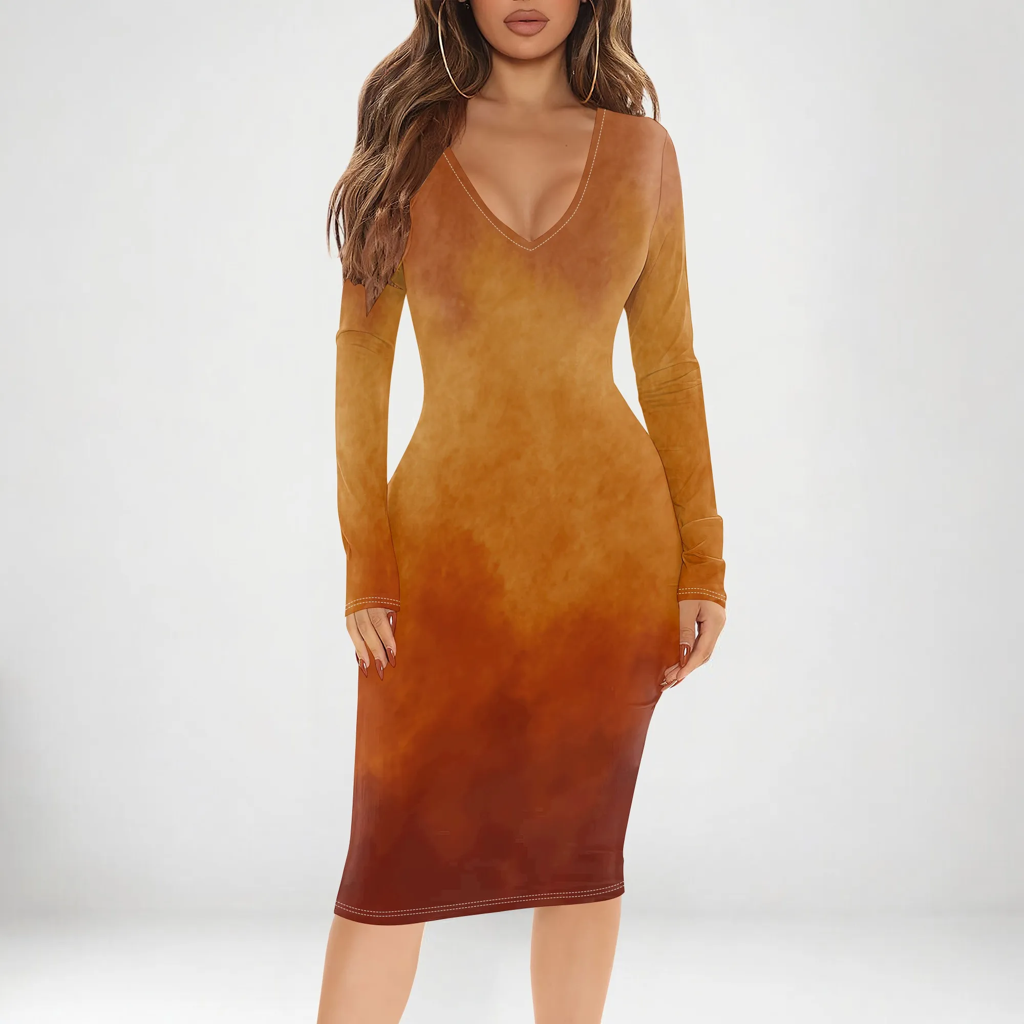 สตรีฤดูใบไม้ร่วงลําลองเซ็กซี่แขนยาวชุดเข้ารูปพื้นฐานดินสอ Midi Club Dresses