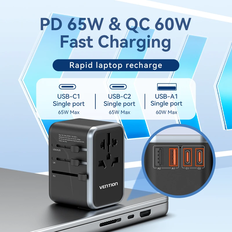 Универсальный дорожный адаптер GaN Vention 65 Вт с USB и типа C, международный адаптер для быстрой зарядки, вилка стандарта ЕС/Великобритании/США/Австралии для путешествий