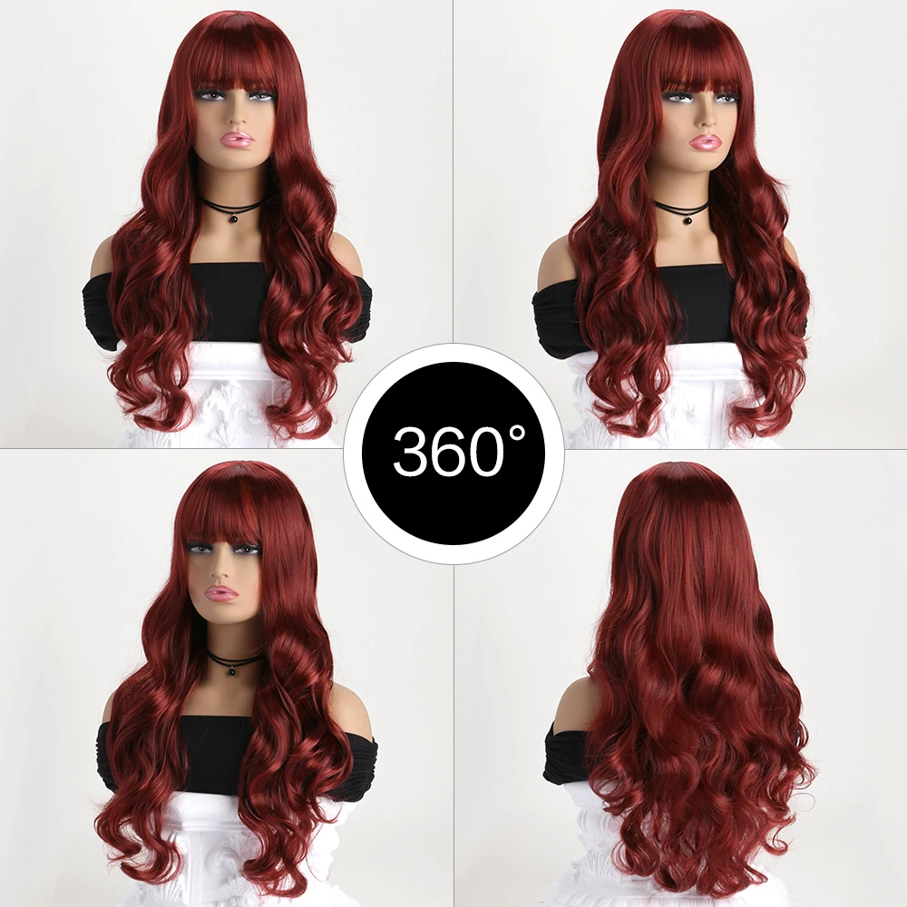 شعر مستعار اصطناعي طويل مموج للنساء، شعر مستعار مموج طبيعي مع غرة، شعر مستعار من الألياف المقاومة للحرارة لحفلات الهالوين اليومية
