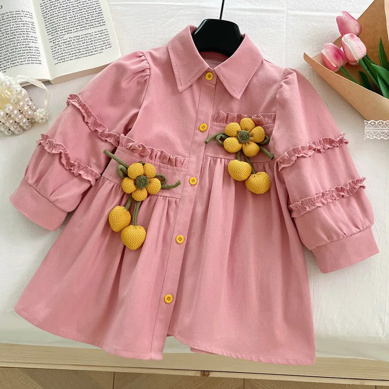 

2025 Autumn Spring Girls Long Sleeve Dress Korean Style Sunflower Embroidery Casual Cotton Blouse Dress for Toddler 1-8 Years