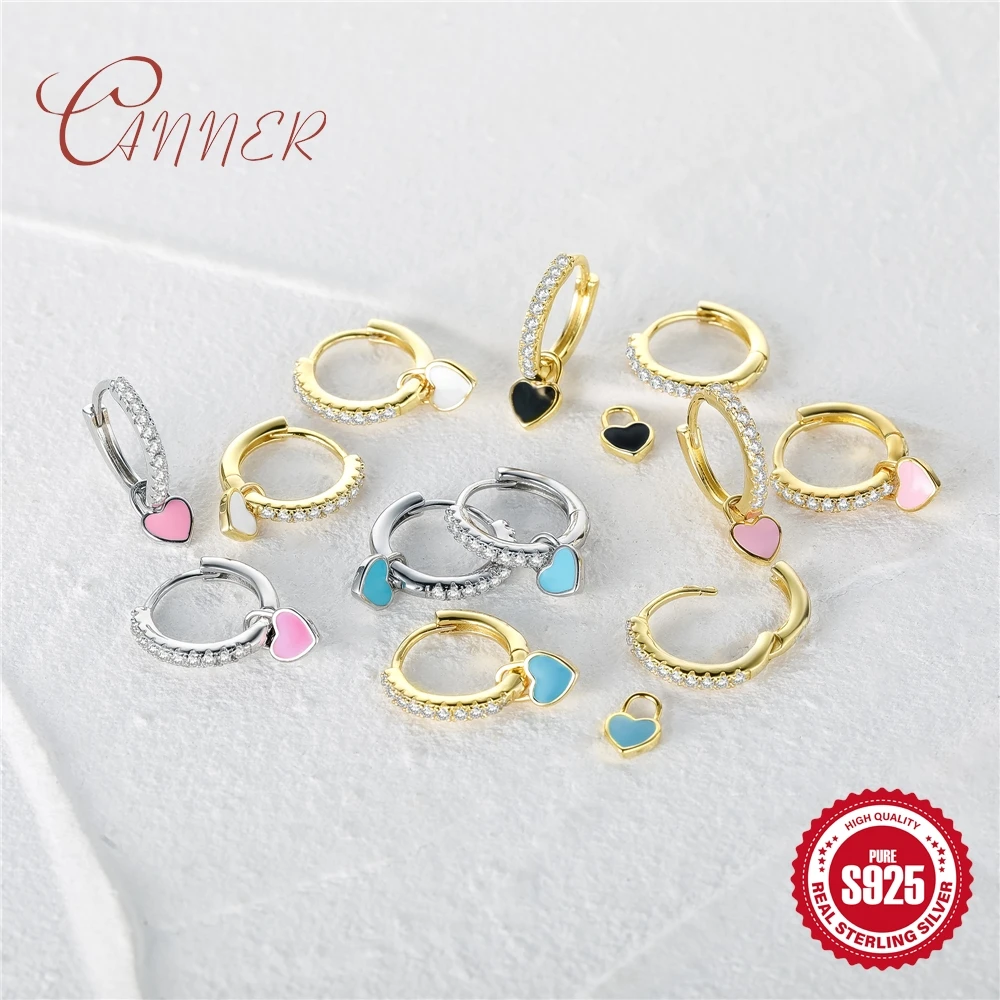 CANNER 925 Sterling Silver Sparkling Colorful Heart Pendant Huggie Earrings For Women Piercing Earring Wedding Jewelry Gifts