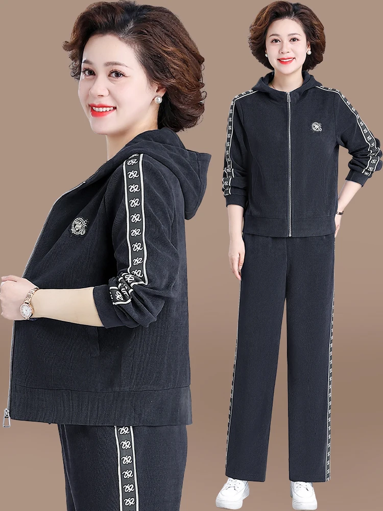 

Chic Sportswear Set for Middle-Aged Mothers Spring Faion Long Pants Loose Fit Regular Sve Zipper Closure Pure Color Hat