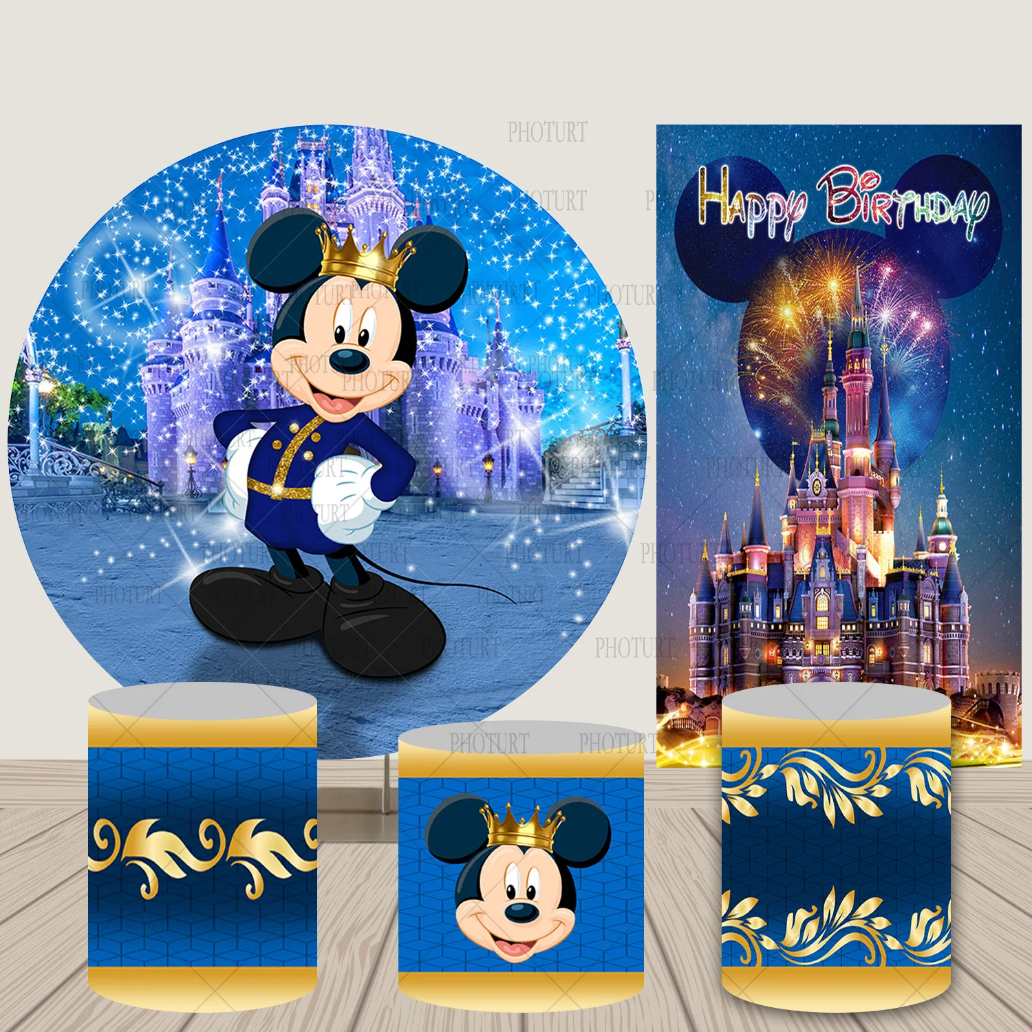 Round Royal Crown Mickey Backdrop Castle Circle Cylinder Surface Banner Birthday Newborn Shower Background Decoration Props