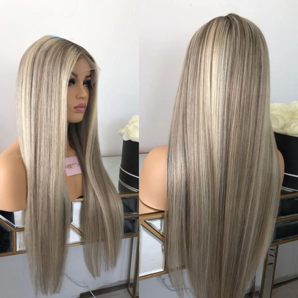 Ombre Goden Blonde Highlight Lace Front Wig Layed Natural Wavy 13X4 Lace Frontal Wig  Synthetic Blended Hair For Women Daily