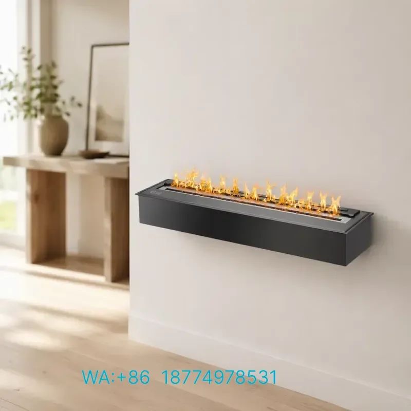 for PANSEE Modern Intelligent Linear Ethanol Fireplace Insert Remote Control Stainless Steel Silver Black Finish Indoor Use