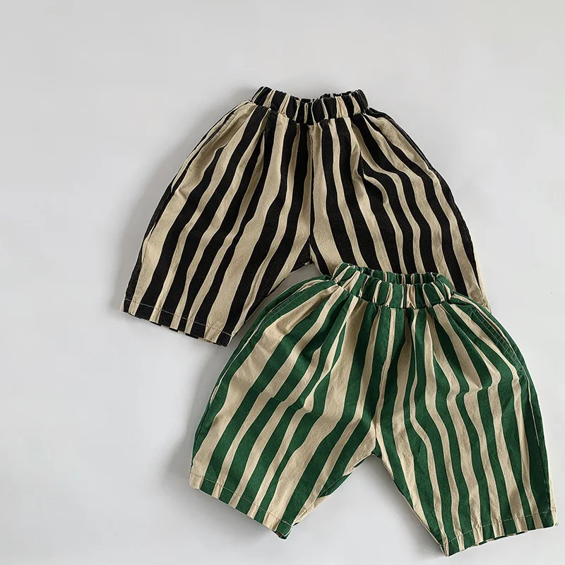 Kid Boy Personality Irregular Stripes Calf-length Pants Cute Baby Girl Fashion Breathable Thin Cotton Trousers