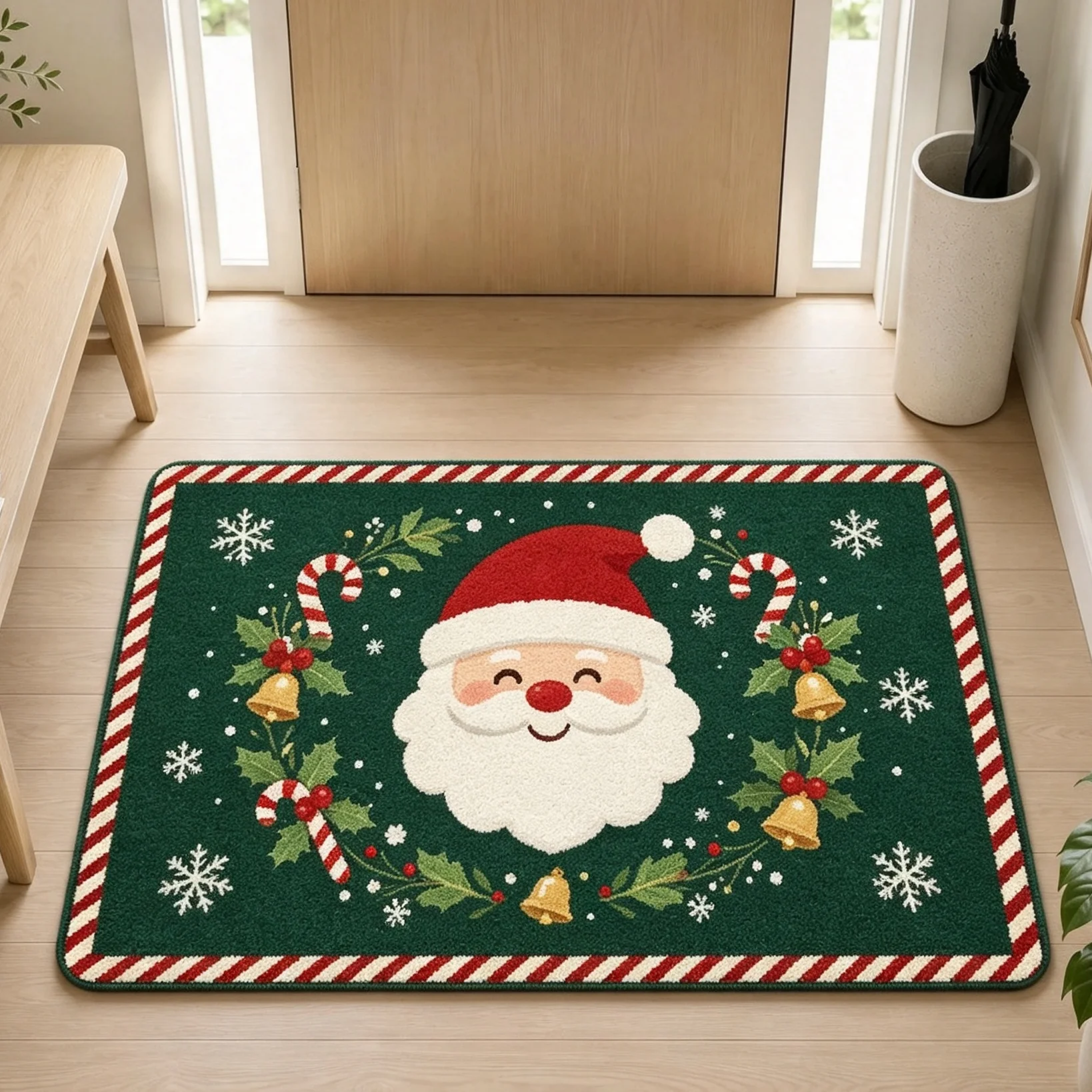 Cartoon Santa Candy Cane Snowflake Green Background Rug For Kids Room Playful Xmas Vibe Non Slip Decorative Floor Cover