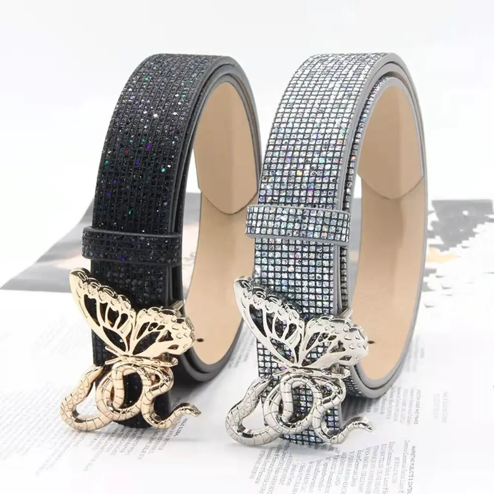 Bling Bling Sparkling Rhinestone Belt Glitter Versatile Butterfly Slide Buckle Belt Luxury Brand Design PU Leather Belt Women