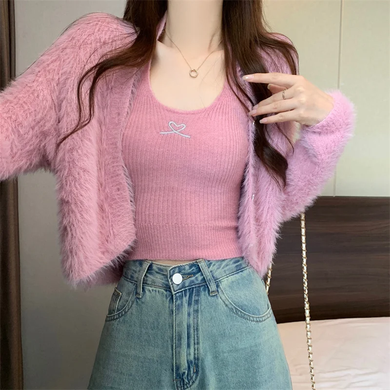 لينة فو فرو المنك سترة سترة سترة 2025 الخريف جديد الفرنسية محبوك 2 قطعة دعوى للنساء موضة سليم كاميس و لاعبا #3