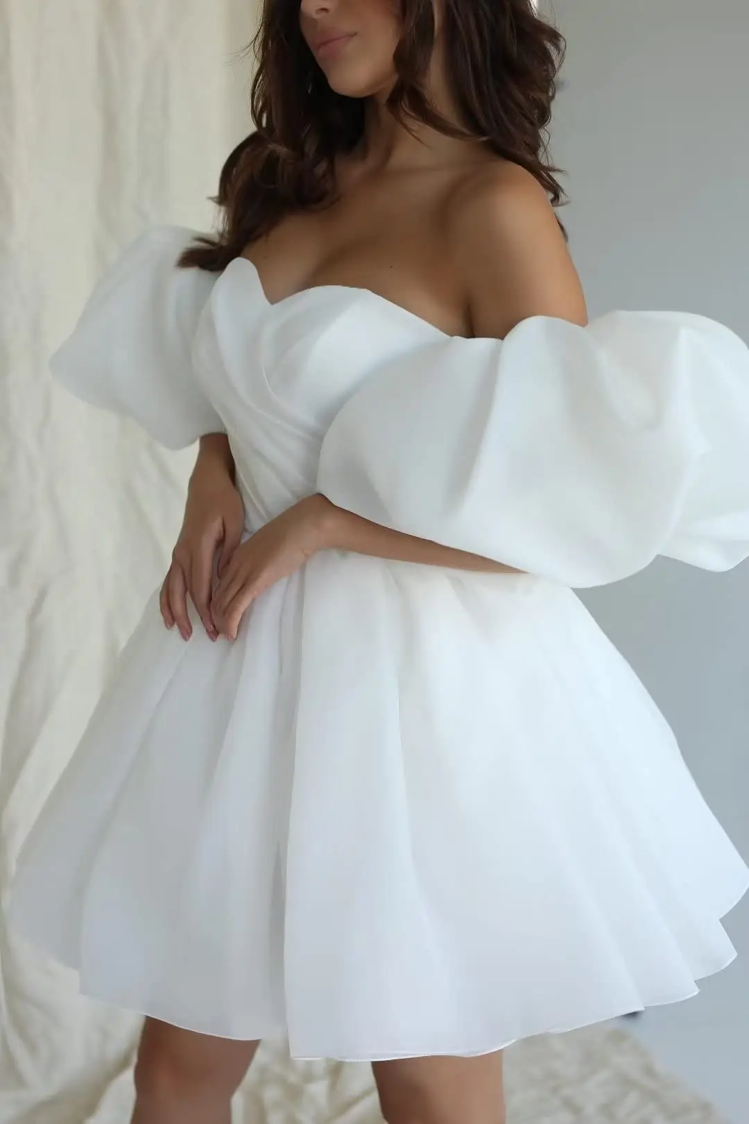 

Puffy Sleeves Short Wedding for Bride Off Shoulder Satin Prom Dresses A Line Homecoming Formal Evening Party Gowns