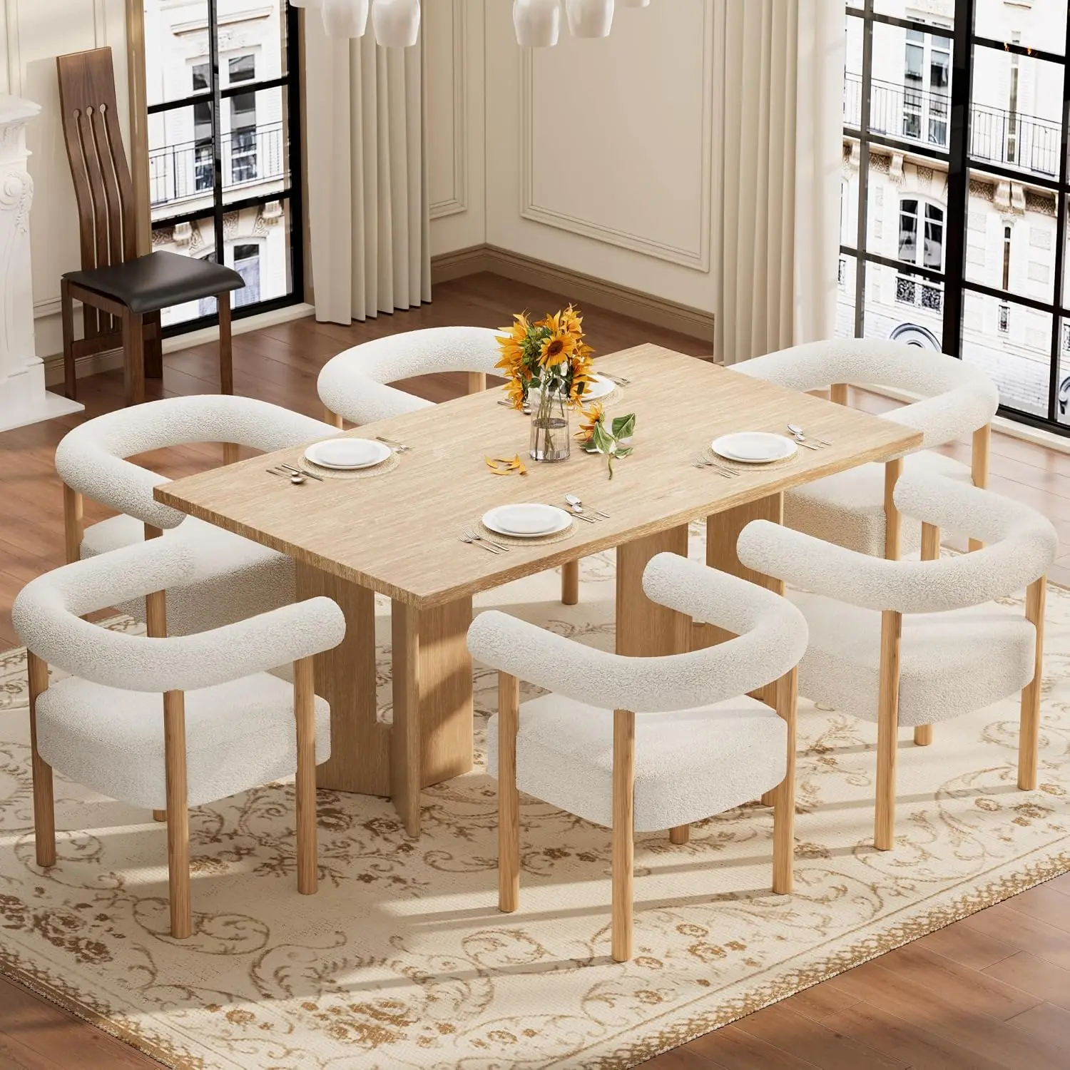 Barrel Dining Chair 6pc, Boucle Upholstered Armchair, 5.31