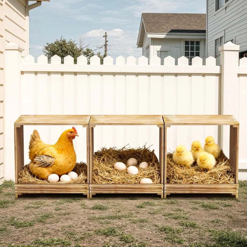 Pine Wooden Chicken Nesting Boxes 3 Compartment Lay Egg Nest Box for Chickens Easy Egg Collection