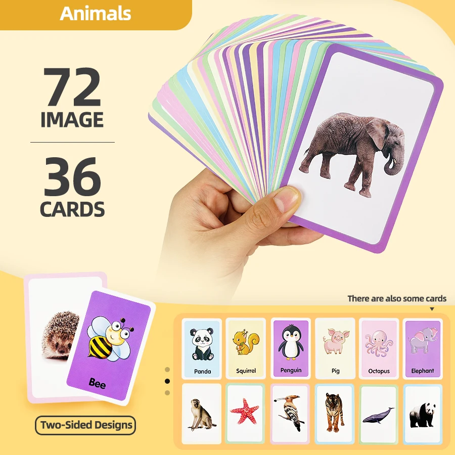 36 Double-Sided Animal Cognitive Cards, Kidsren's Enlightenment Picture Learning, Paper Fun Teaching Cards