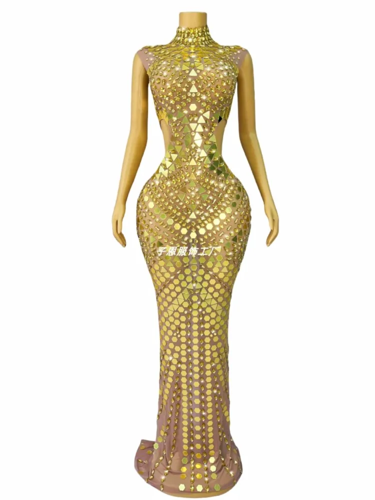 

New Sexy Gold Mirrors Rhinestone Long Evening Dress Singer Performance Costume For Woman