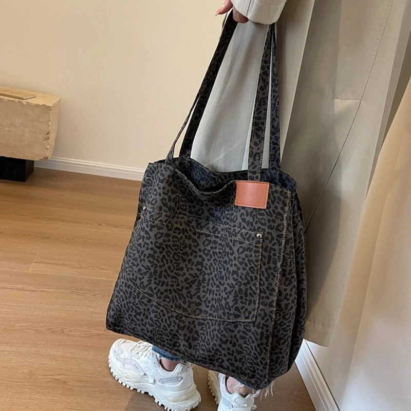 Oversized Leopard Prints Shoulder Bags For Women Deformable Canvas Large Capacity Shopping Totes All Season New Luxury Handbags