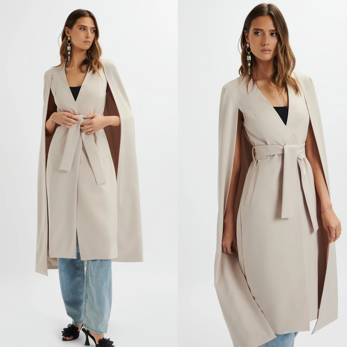 

Новый дизайн, женский пиджак с накидкой и рукавами, пальто с поясом, длина чая, официальная повседневная верхняя одежда по индивидуальному заказу, цельная куртка с карманами