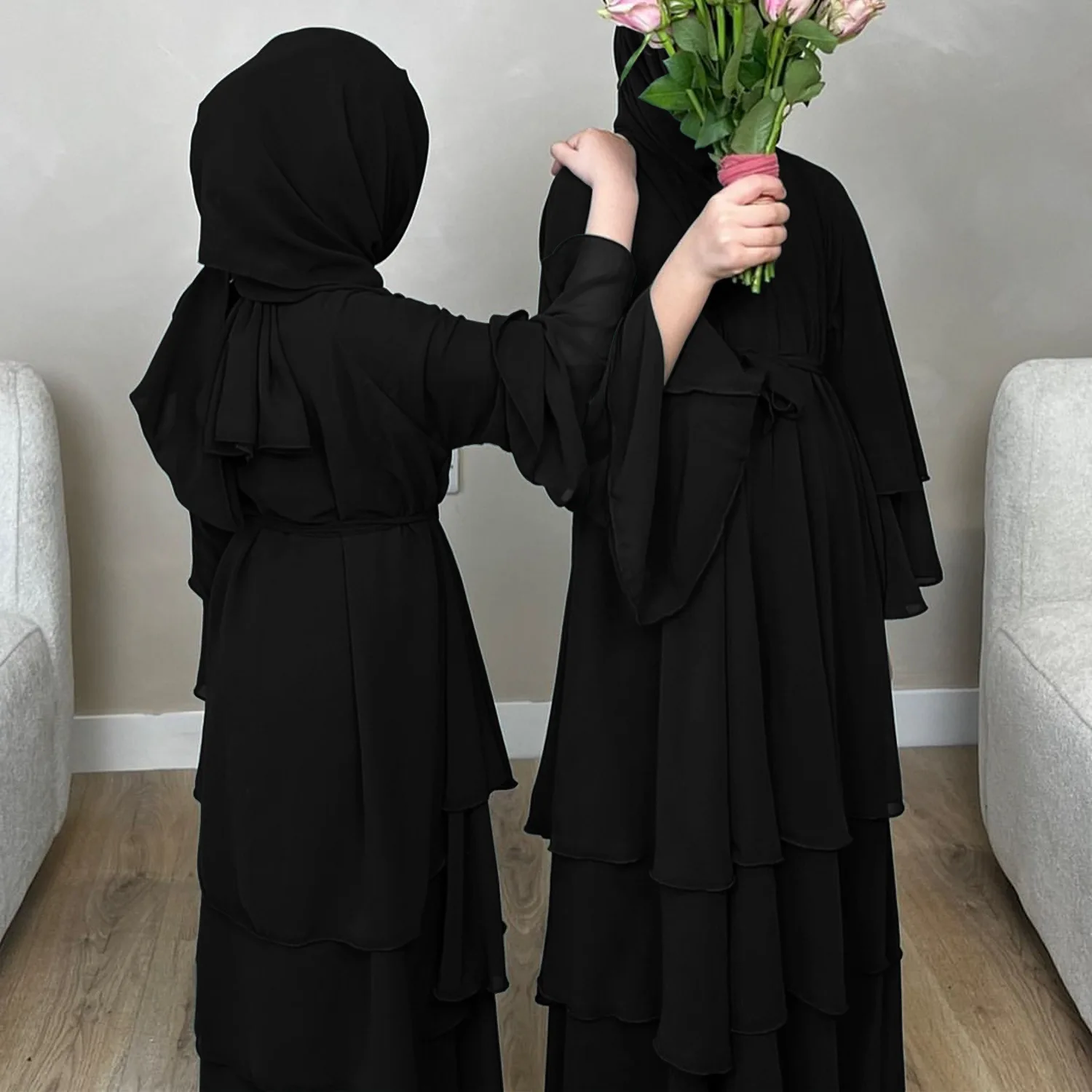 Mousseline de soie volants Abaya filles femmes ouvert Kimono Abayas robe musulmane turquie caftan Caftan Jalabiya vêtements islamiques Marocain Femme