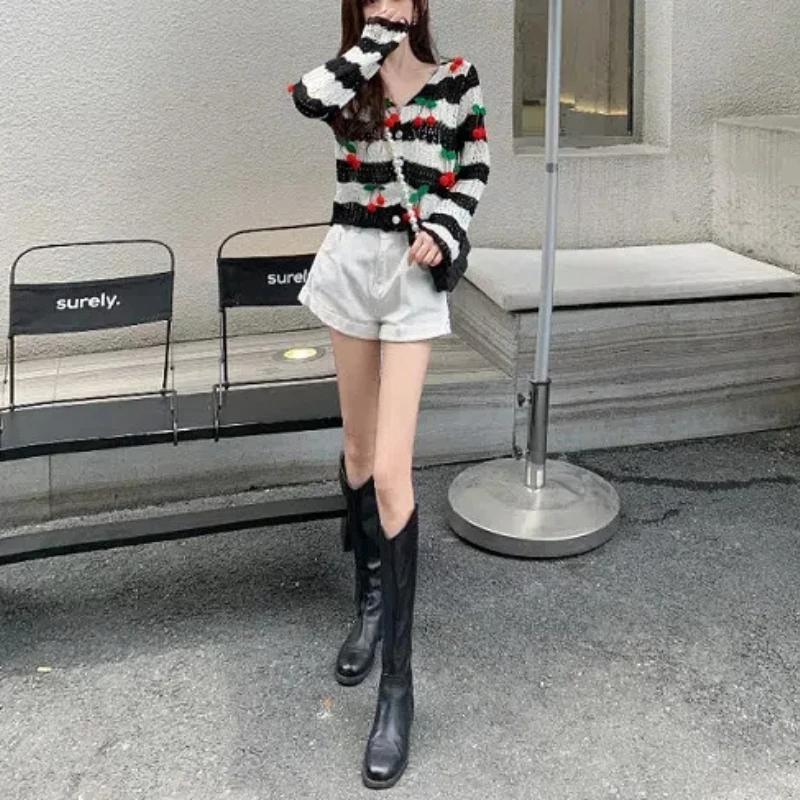 2024 Year New Spring Autumn Long Sleeve Fashion Contrast Color Striped Hollow Out Knitted Coat Loose Laziness Button Cardigan