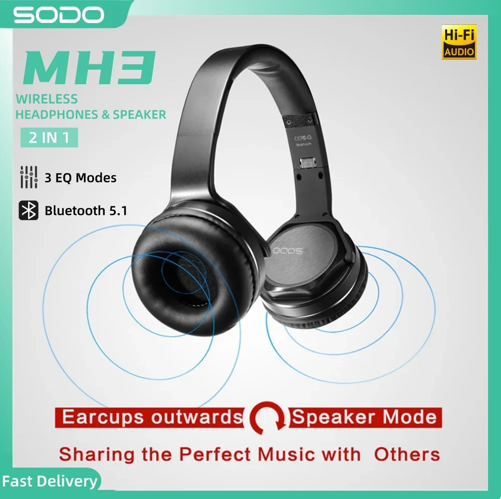 سماعات رأس لاسلكية SODO MH3 2 في 1 قابلة للطي هاي فاي ستيريو 3EQ متوافقة مع بلوتوث 5.0 مع ميكروفون تدعم TF/FM