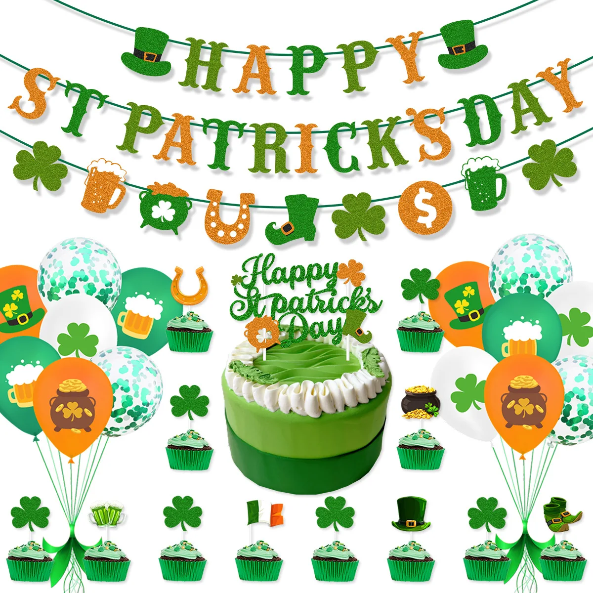 Happy St Patrick's Day Theme Banner Lucky Irish Shamrock Cupcake Toppers Balloons Photo Props Fof Irish Saint Party Decoration