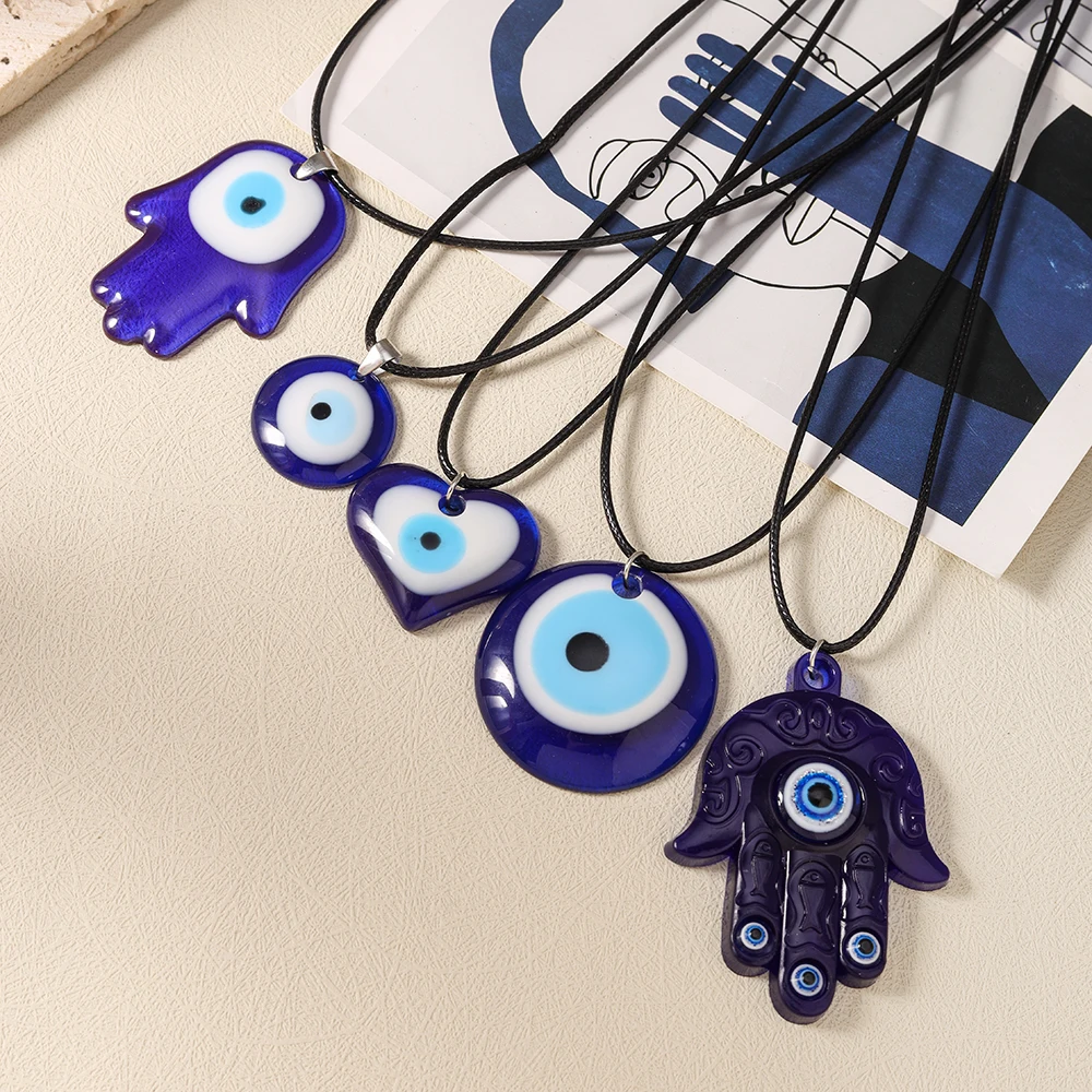Aihua Turkish Evil Eye Pendant Necklace Lucky Blue Evil Eye Hamsa Hand Rope Chain Necklace For Women Men Jewelry Gifts