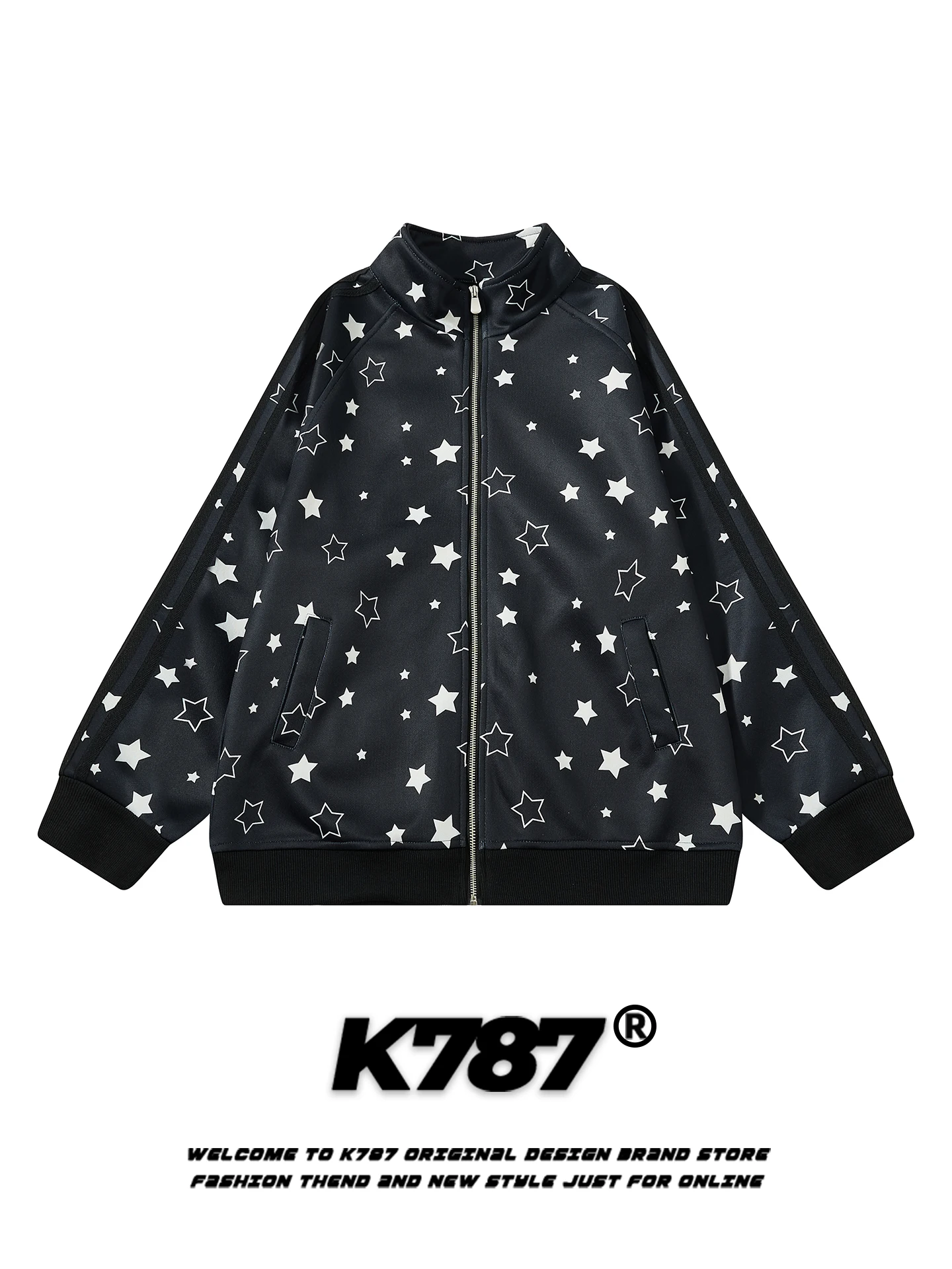 

K787 American Street Sle Loose Fit Jaet ex Casual Y2K Trendy Star Print Stand Collar Coat for Men And Women