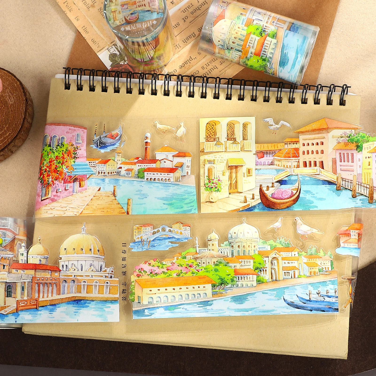 70mm*5m Vintage Venice Travel River House Landscape PET Tape Creative DIY Journal Material Collage Scrapbooking Stationery