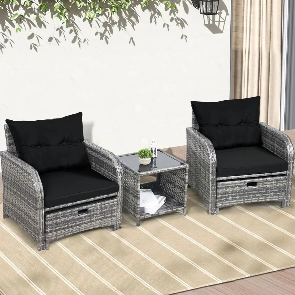 

5 Pieces Wicker Outdoor Patio Chairs Set with Ottoman, Patio Furniture Set with Ottoman Underneath, PE Rattan Patio Chairs With