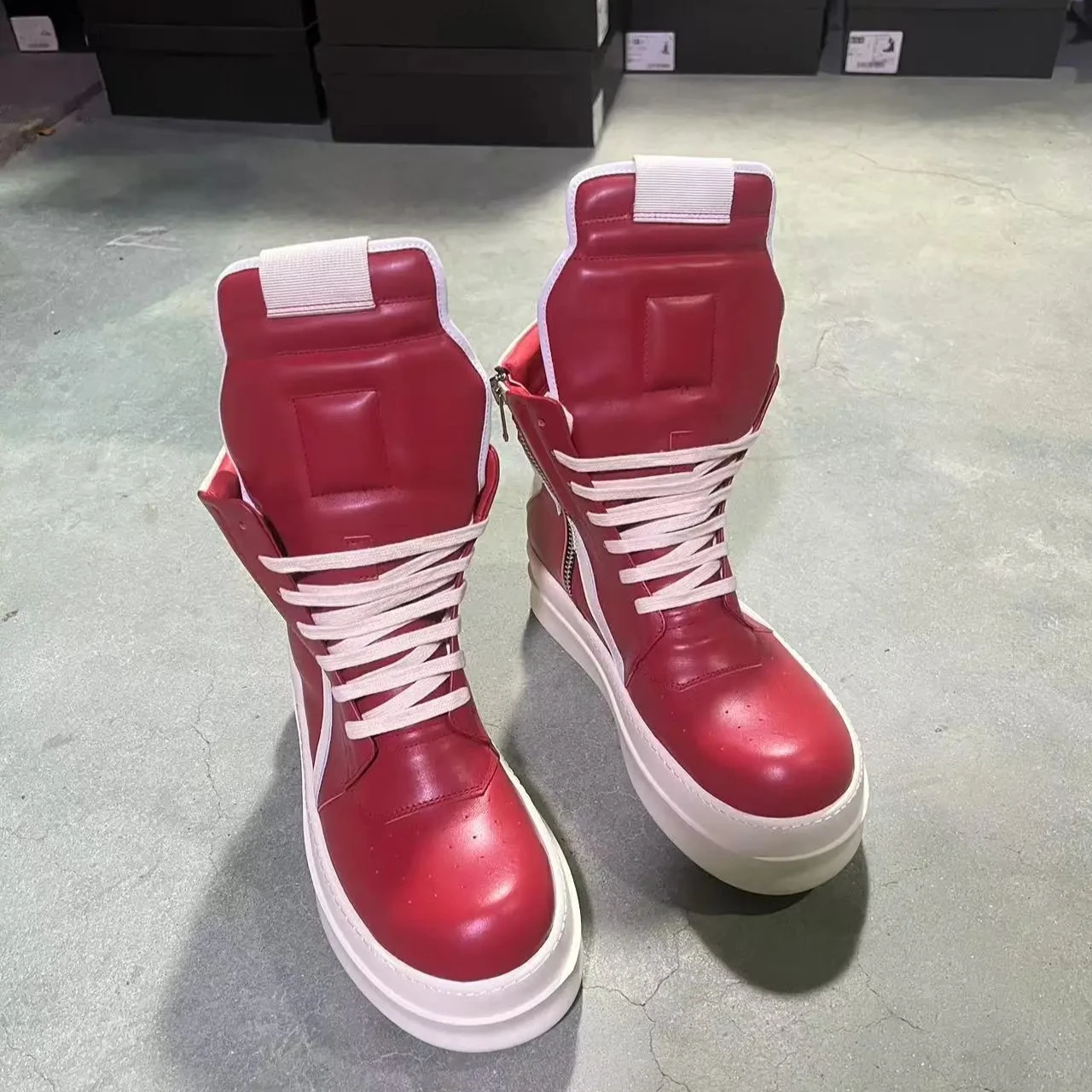 

Brand Men Shoes Red Leather High Top Sneakers Thick Sole Women Ankle Boots Luxury Designer Sneaker Platform Footwear New Style