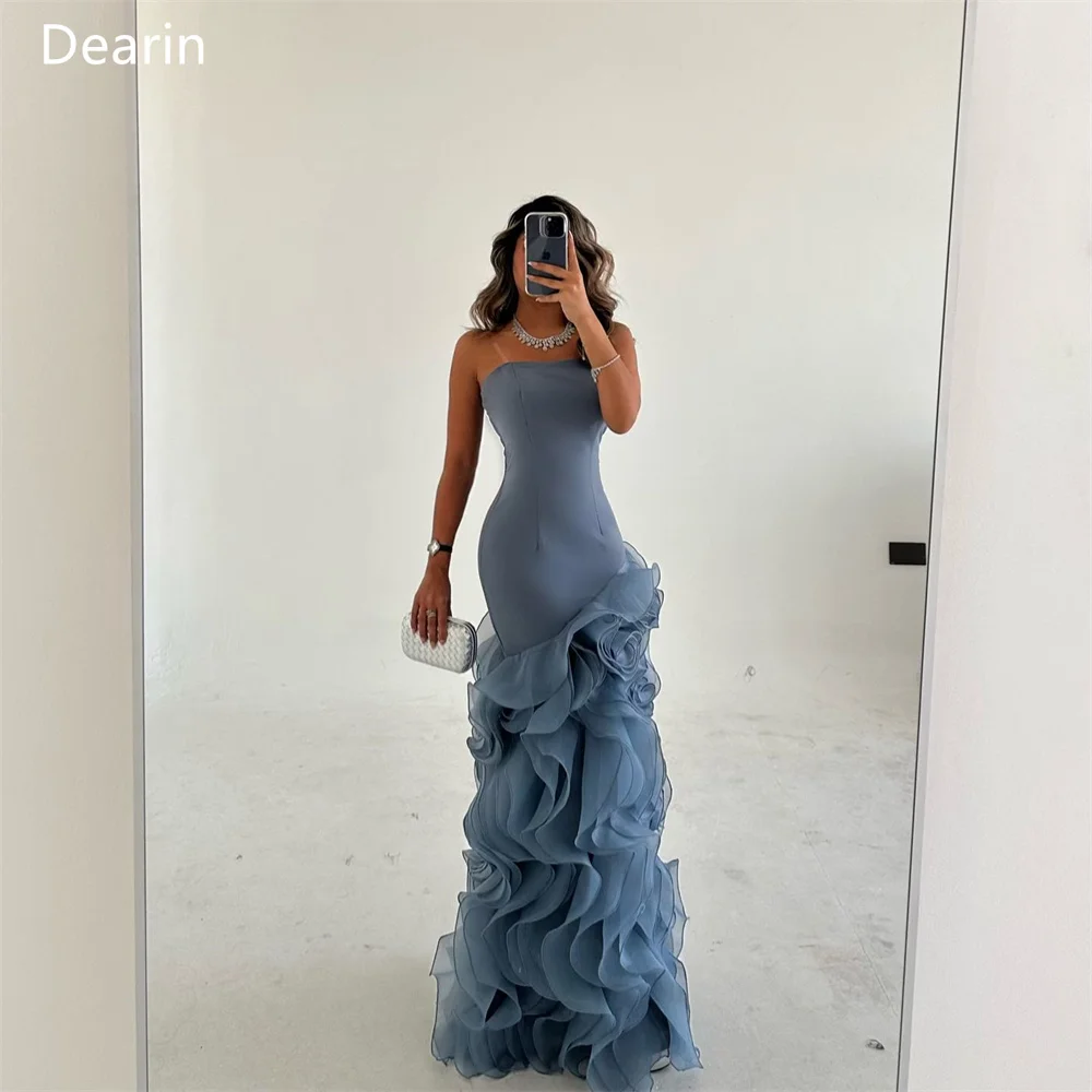 Customized Evening Gown Women Formal Dearin Strapless A-line Floor Length Skirts Tulle Layered Contoured Sleeveless Bespoke Occa