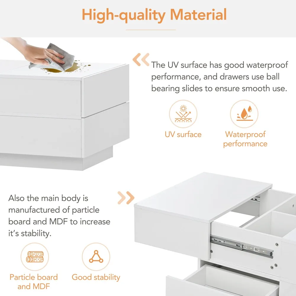 Tavolino da caffè allungabile con piano scorrevole, vano portaoggetti e cassetti nascosti