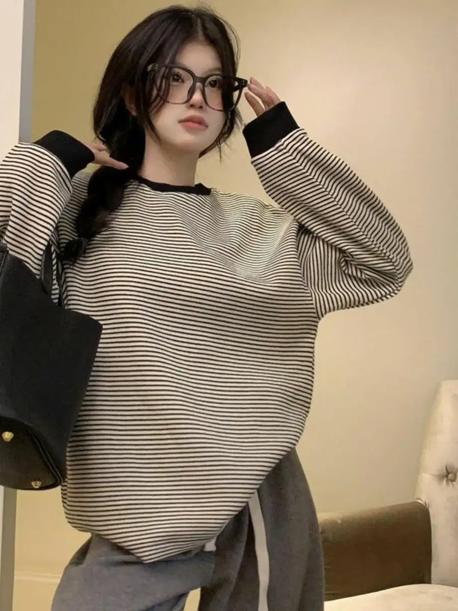 

Свободная длинная футболка Sve round Ne, женская повседневная футболка в полоску с узором для поездок на работу, осеннее новое поступление, топ irt